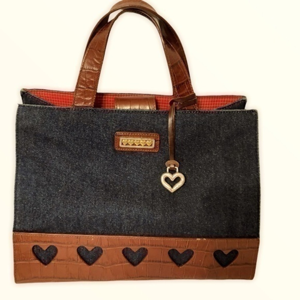 BRIGHTON denim brown leather heart tote bag